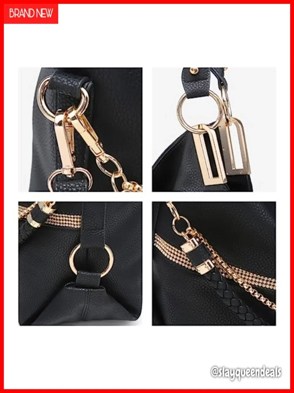 Large Hobo Bag Rhinestone Accents Vegan Leather Tote Shoulder Purse